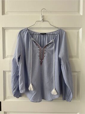 George Light Blue Embroidered Peasant Tunic with Tassel Ties